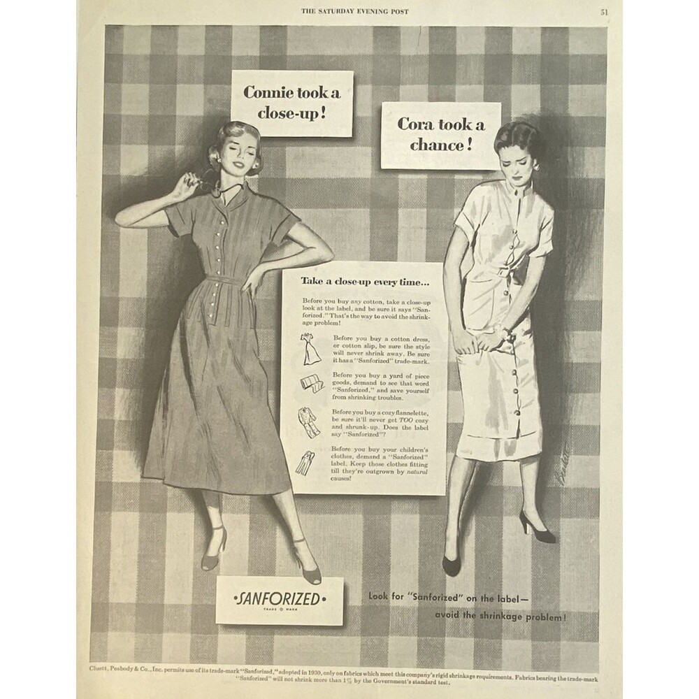 Sanforized "Conni took a close-up! Cora took a chance!" Vintage Print Ad 1950